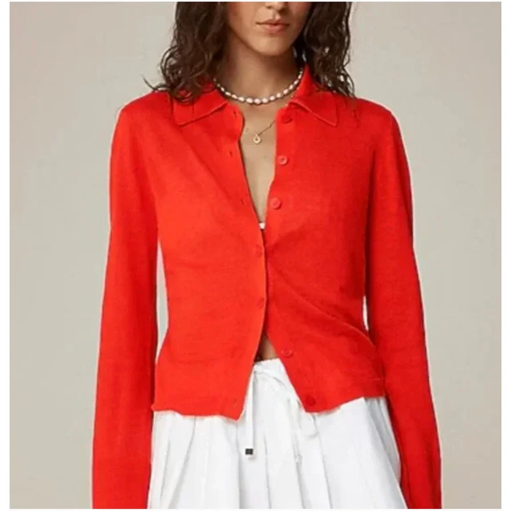 J CREW Collar Button Sweater XS NEW Cardigan Linen Poppy Orange Red CJ444 J.Crew